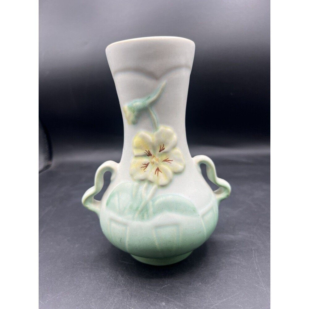 Vintage Weller Panella Double Handle Pansy Art Pottery Vase Green 6.5” USA